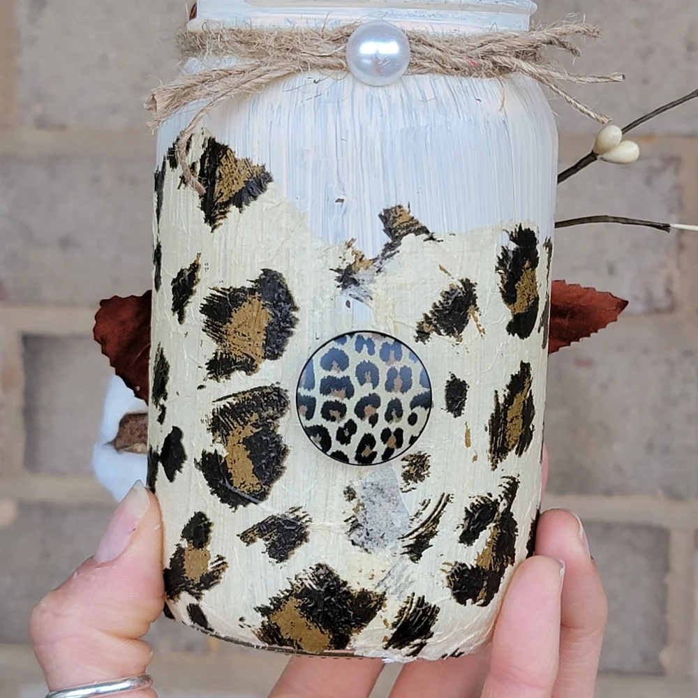 Decoupage Fall/Autumn leaf Animal print Mason jar Handmade